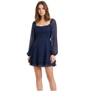 Altar'd State Dress Women Medium Navy Blue Smocked Square Neck Chiffon Mini Boho